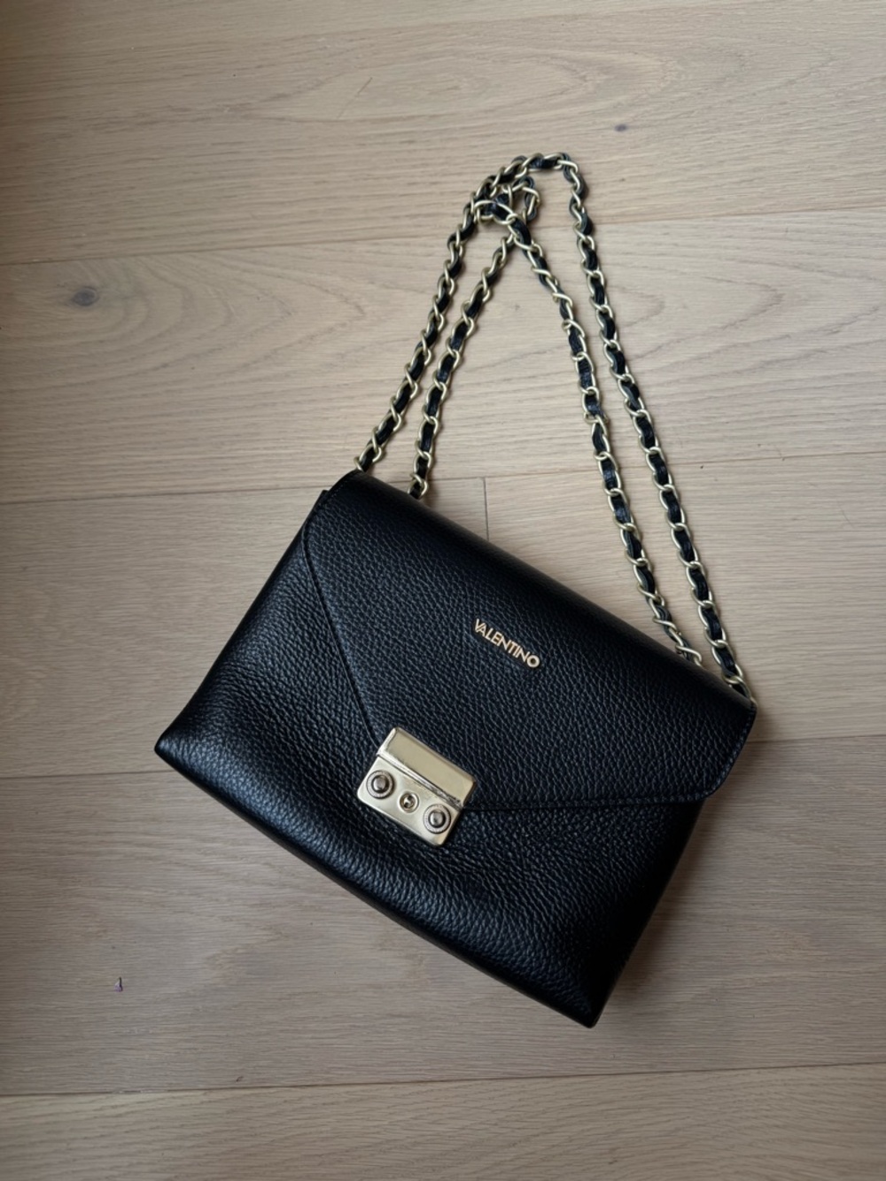 Valentino Isabelle Black Leather Crossbody with Gold Chain